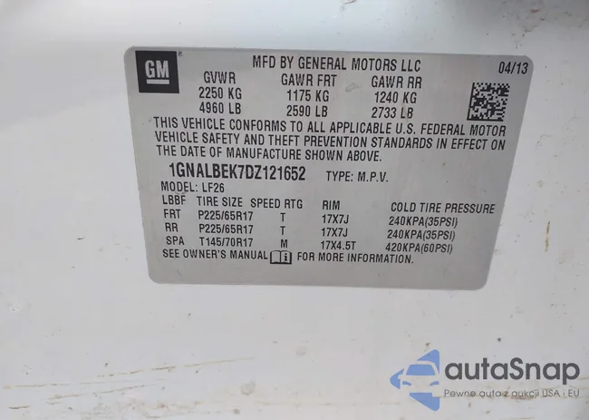 1GNALBEK7DZ121652: 42885175