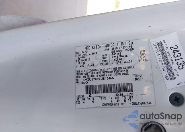 1FMZU67K24UB43466: 42885875