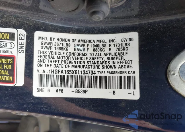 1HGFA165X6L134734: 42886497