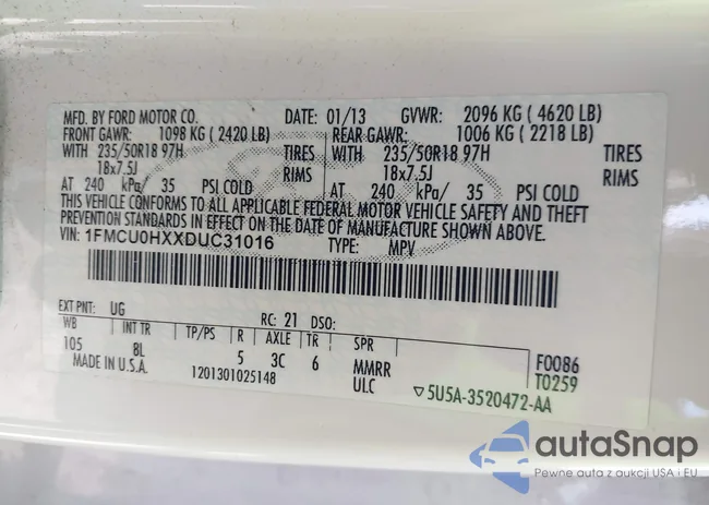 1FMCU0HXXDUC31016: 42886577