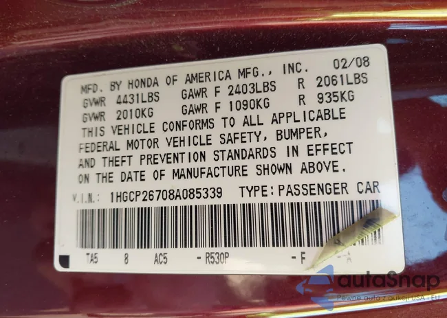 1HGCP26708A085339: 42891796