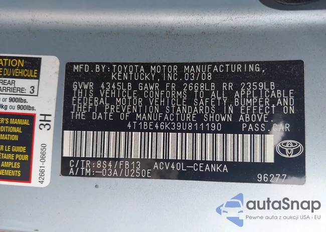 4T1BE46K39U811190: 42900084