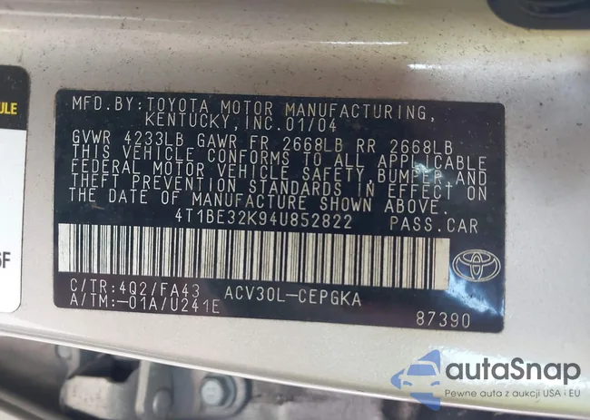 4T1BE32K94U852822: 42900301