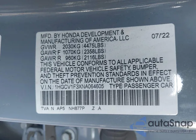 1HGCV1F3XNA064605: 43905757