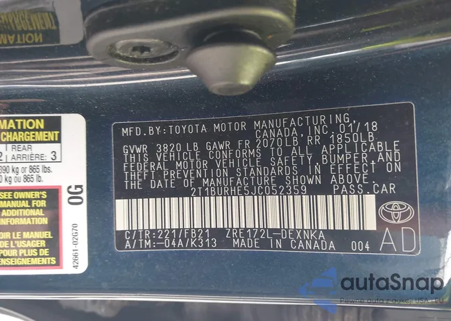 2T1BURHE5JC052359: 43907686