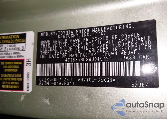 4T1BB46K98U049121: 43908564