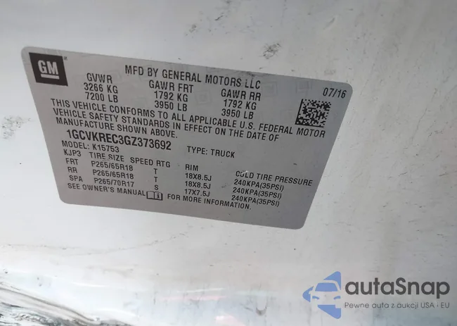 1GCVKREC3GZ373692: 43908701