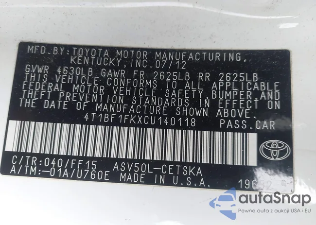 4T1BF1FKXCU140118: 43910011