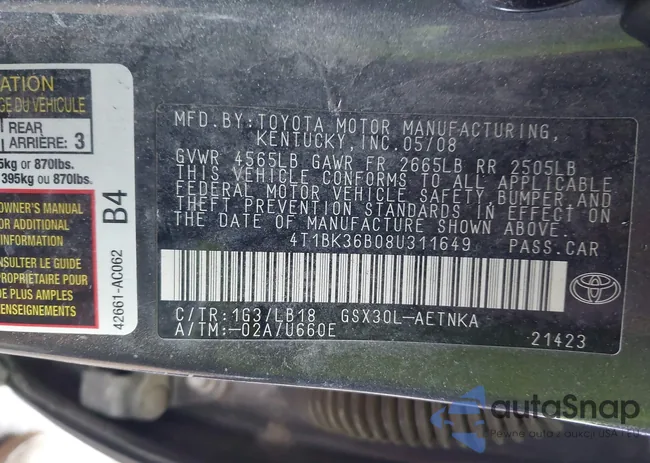 4T1BK36B08U311649: 43910848