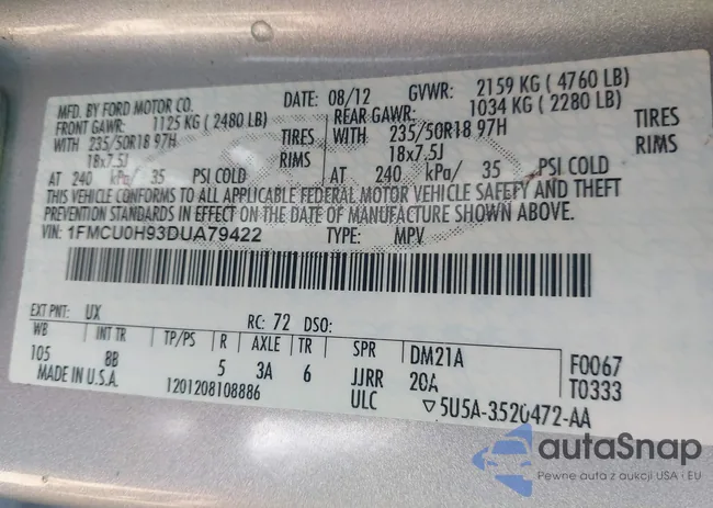 1FMCU0H93DUA79422: 43912225