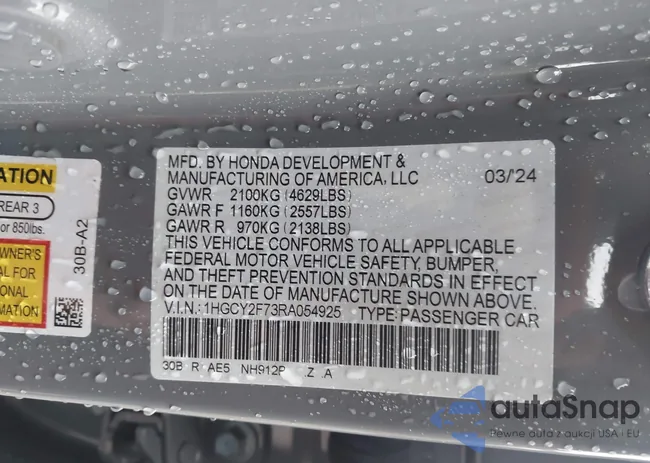 1HGCY2F73RA054925: 43912333