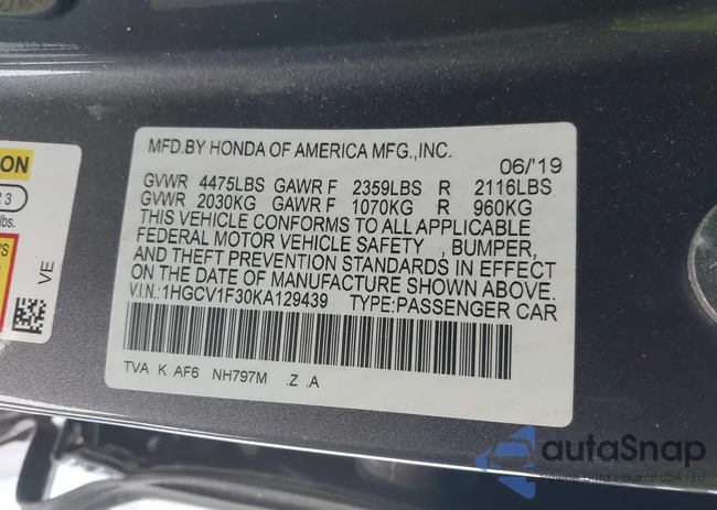 1HGCV1F30KA129439: 43913439