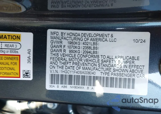 1HGCY1F40SA008040: 43914896