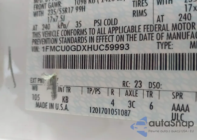 1FMCU0GDXHUC59993: 43917317