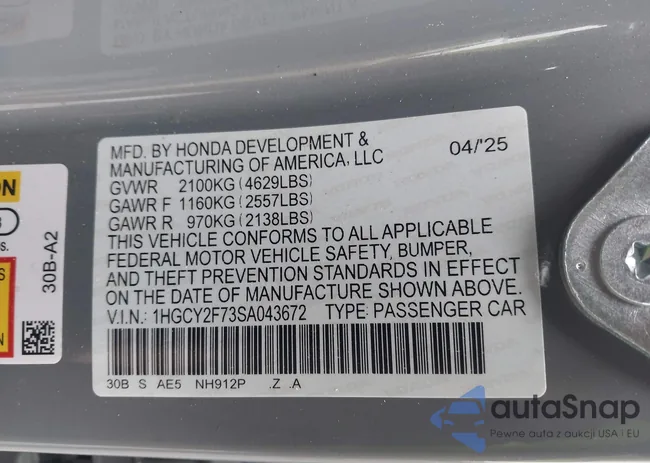 1HGCY2F73SA043672: 43916638