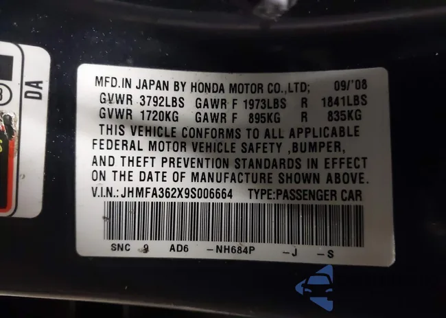 JHMFA362X9S006664: 43921179