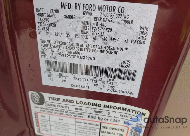 1FTPW12V19KB32780: 43921345