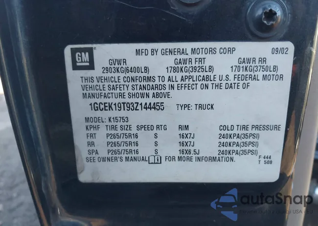 1GCEK19T93Z144455: 43922141