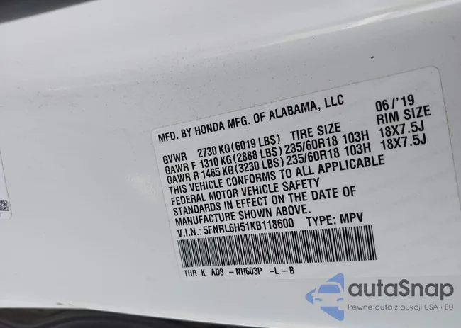 5FNRL6H51KB118600: 43921745