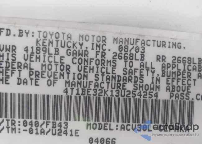 4T1BE32K13U254254: 43923341