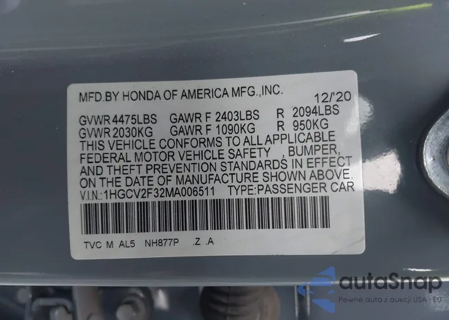 1HGCV2F32MA006511: 43922668