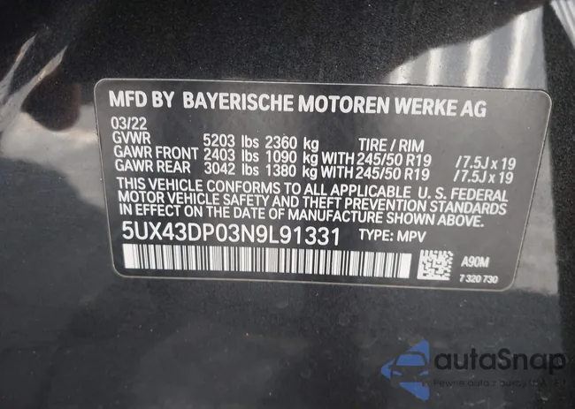 5UX43DP03N9L91331: 43925617