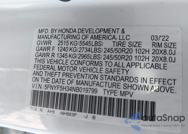 5FNYF5H34NB019799: 43927192