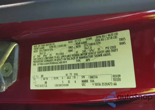 1FMCU0HX0DUC49301: 43927407