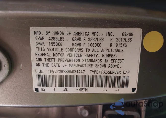 1HGCP263X9A031447: 43930963