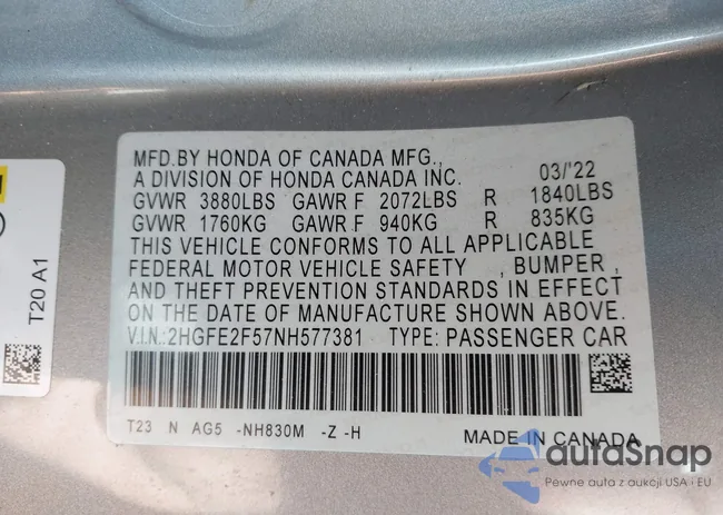 2HGFE2F57NH577381: 43932167