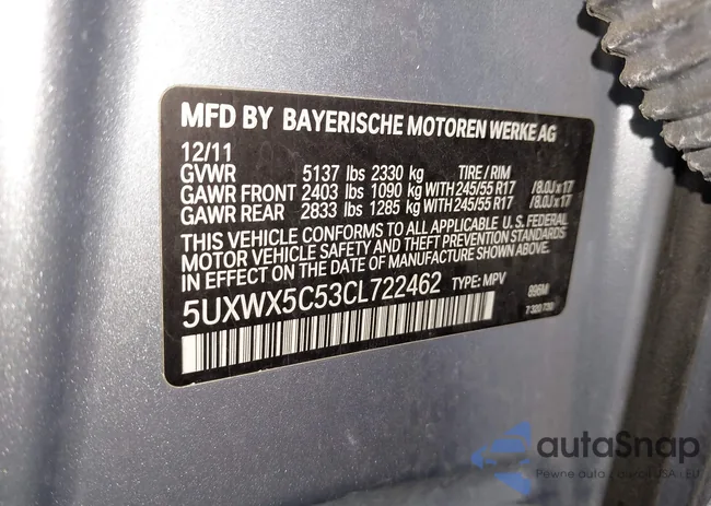 5UXWX5C53CL722462: 43933081