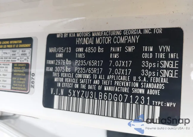 5XYZU3LB6DG071231: 43933087