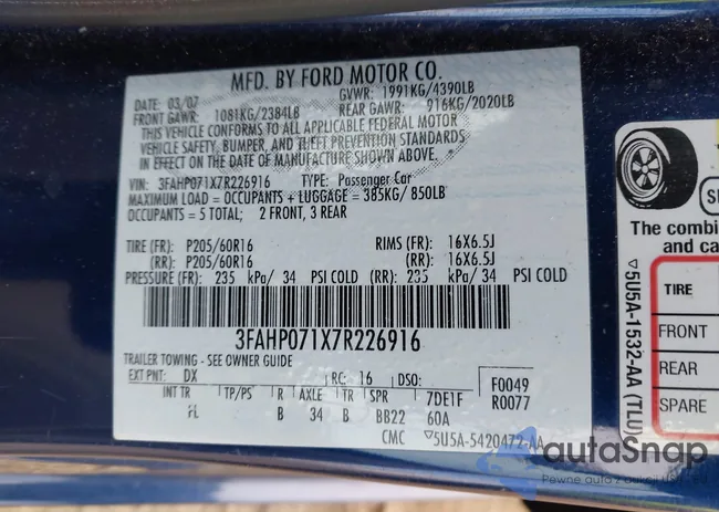 3FAHP071X7R226916: 43934227