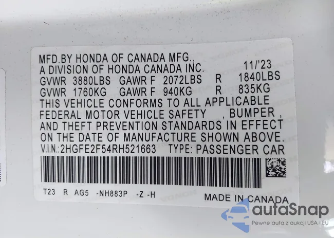 2HGFE2F54RH521663: 43933564