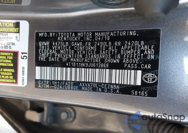 4T1B11HK9JU613869: 43933600