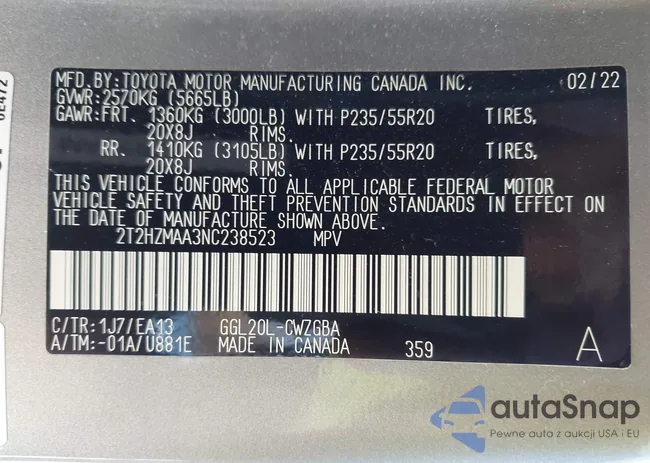 2T2HZMAA3NC238523: 43938155