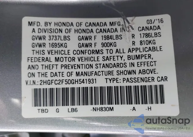 2HGFC2F50GH541931: 43939780