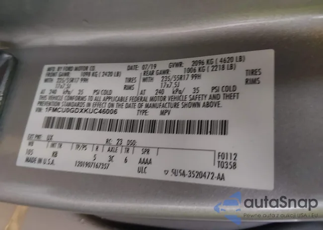 1FMCU0GDXKUC46006: 43940746