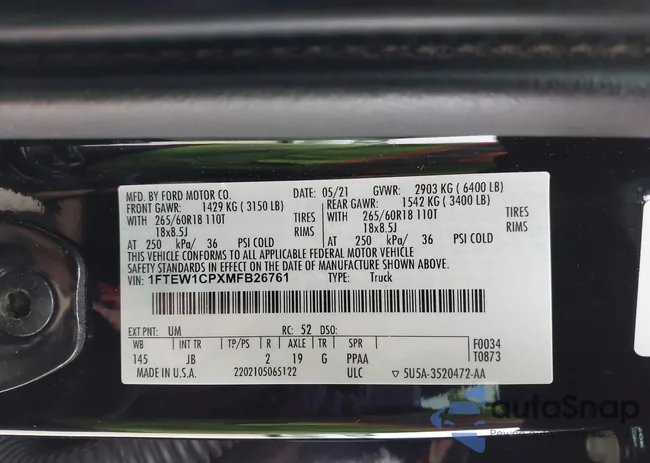 1FTEW1CPXMFB26761: 43943957