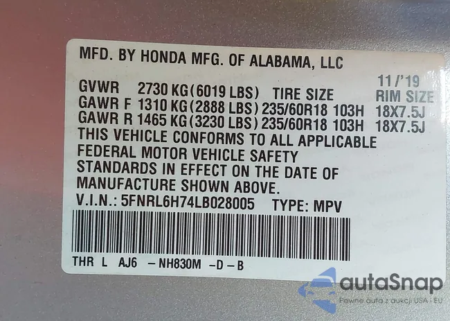 5FNRL6H74LB028005: 43944006