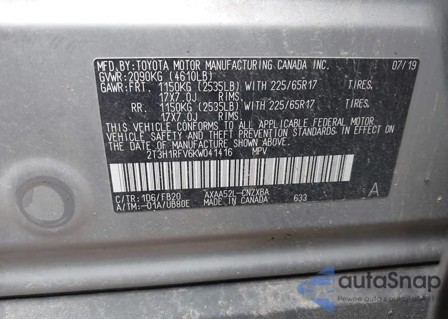 2T3H1RFV6KW041416: 43946836