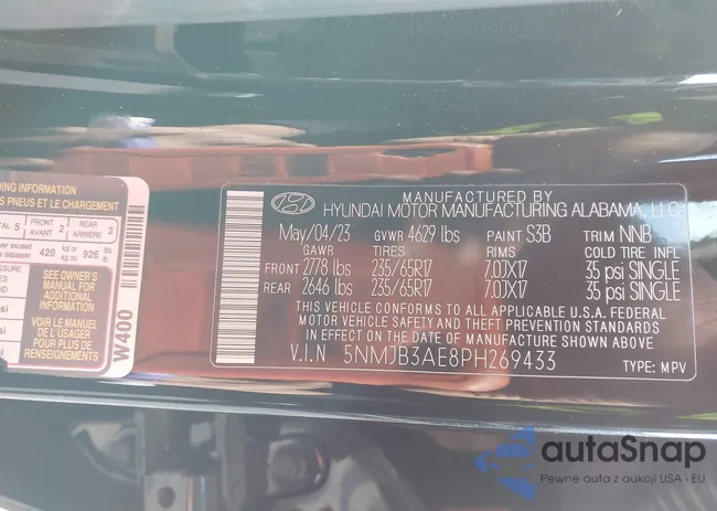 5NMJB3AE8PH269433: 43947790