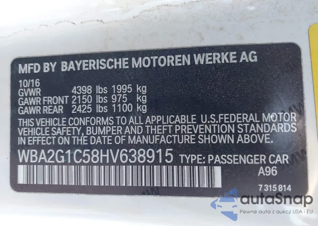 WBA2G1C58HV638915: 43950183