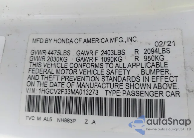 1HGCV2F33MA013273: 43950297