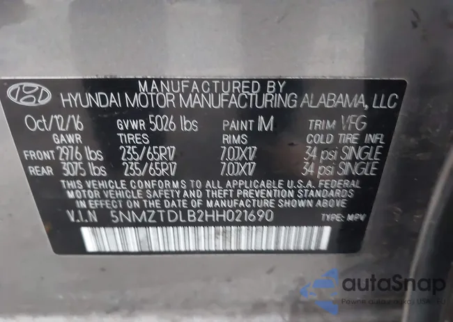 5NMZTDLB2HH021690: 43951068