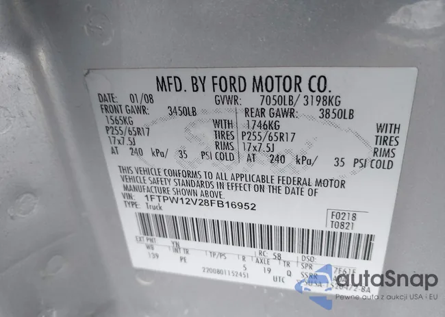 1FTPW12V28FB16952: 43951082