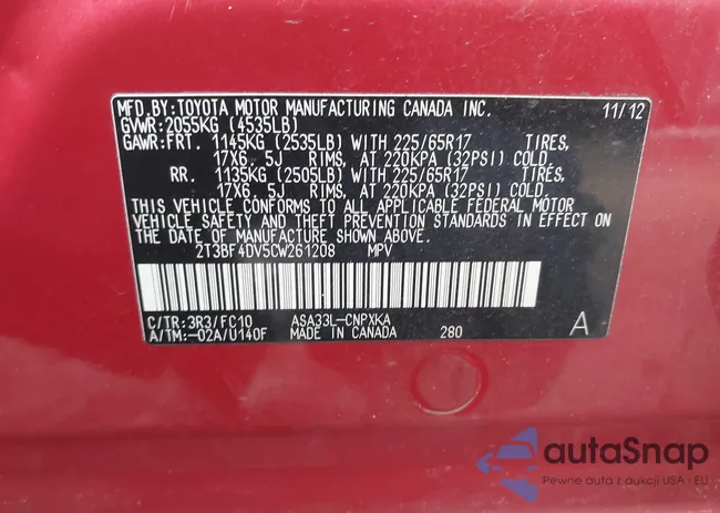 2T3BF4DV5CW261208: 43950466