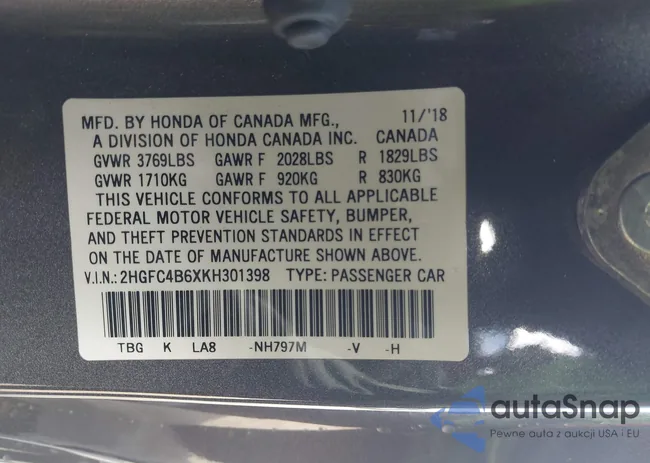 2HGFC4B6XKH301398: 43953041