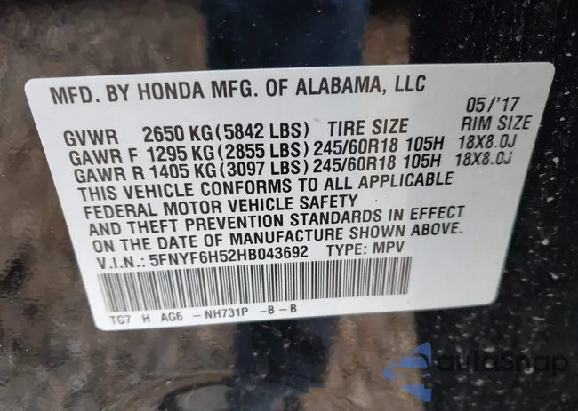 5FNYF6H52HB043692: 43954242