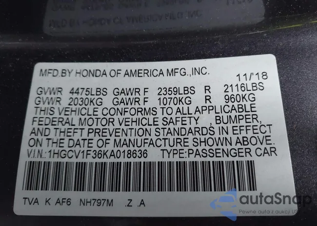 1HGCV1F36KA018636: 43953497